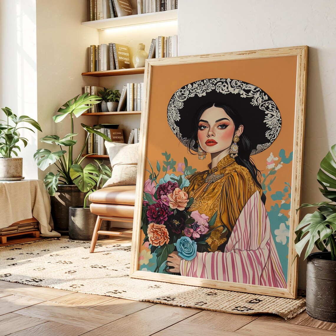 Elegant Mexican Woman With Embroidered Sombrero Floral Portrait Poster