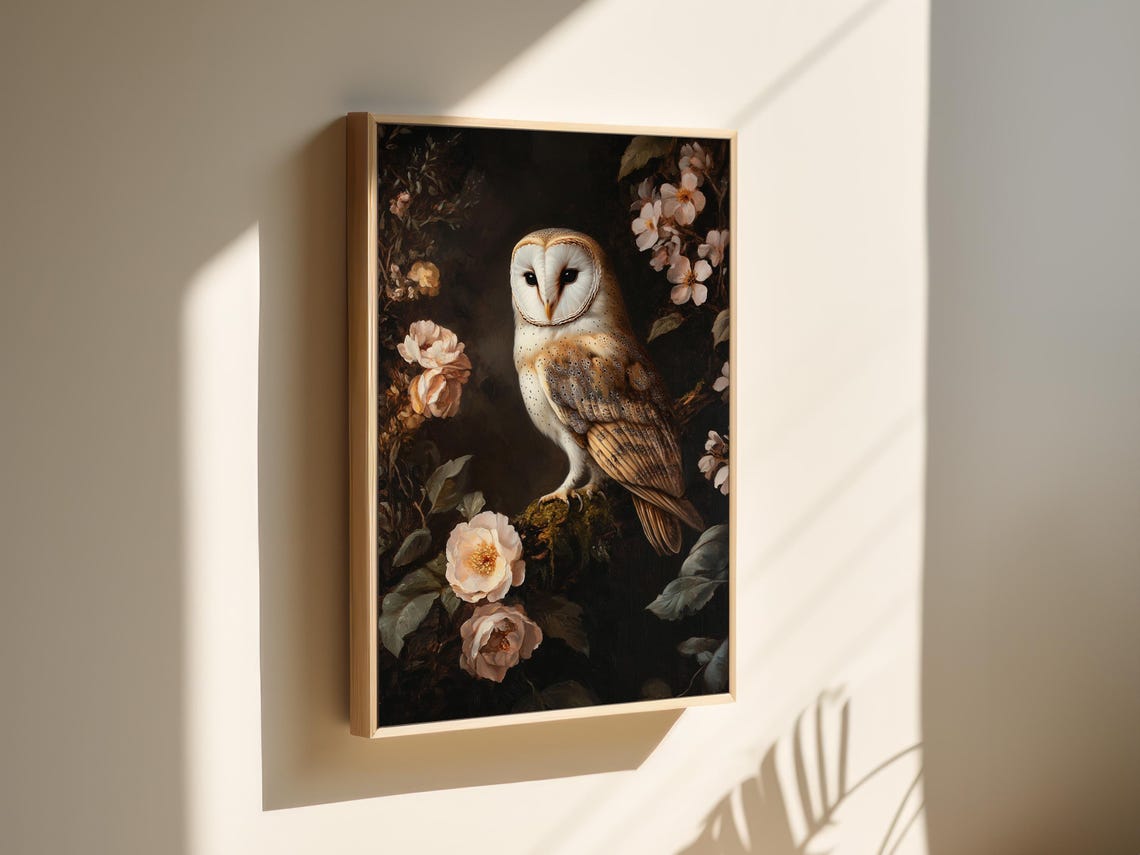Barn Owl Perched on Mossy Branch Dark Floral Wildlife Art Poster - Image 5
