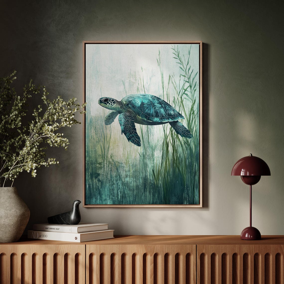 Sea Turtle Swimming Through Watercolor Seagrass Teal Ocean Art Poster - Image 6