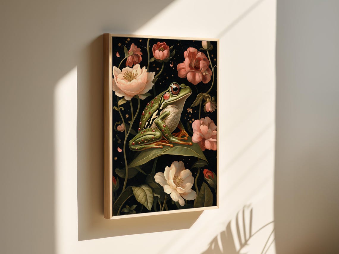 Green Tree Frog With Red Spots Among Pink Flowers Dark Jungle Poster - Image 3