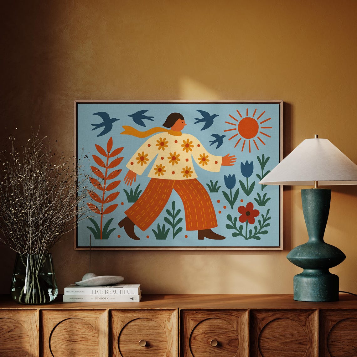 Folk Art Floral Walk Whimsical Sunny Person Birds Garden Poster