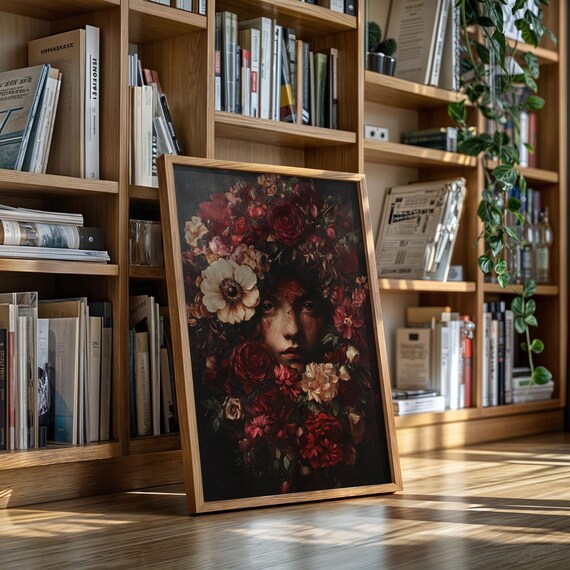 Dark Crimson Rose Woman Face Canvas Art Moody Floral Painting Poster