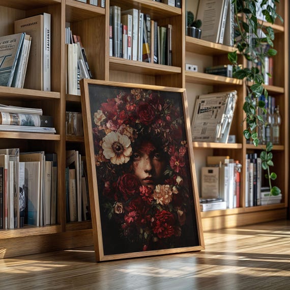 Dark Floral Woman Face Canvas Art Crimson Rose Oil Painting Moody Surreal Wall Decor Elegant Textured Print For Gothic Interiors