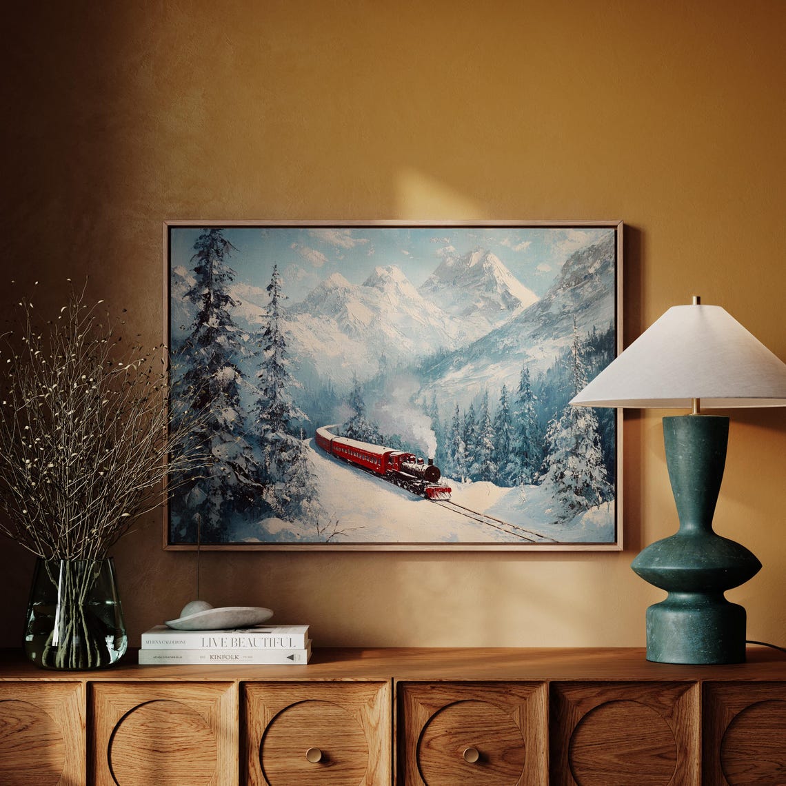 Red Steam Train In Snowy Mountain Forest Winter Landscape Poster - Image 3