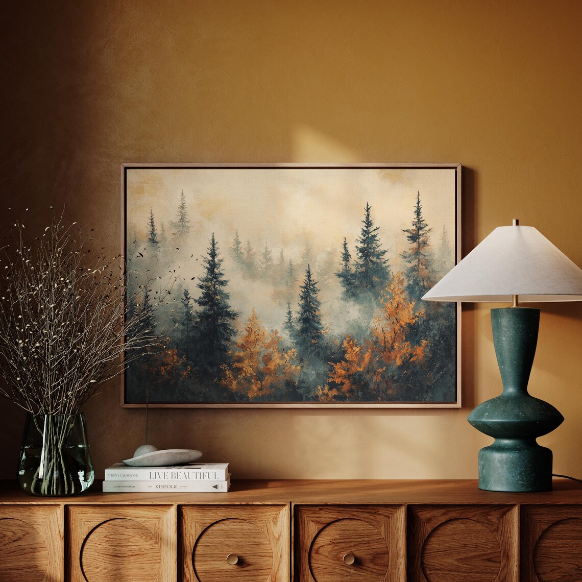 Misty Autumn Forest Golden Orange Foliage And Foggy Evergreens Wall Art - Image 4