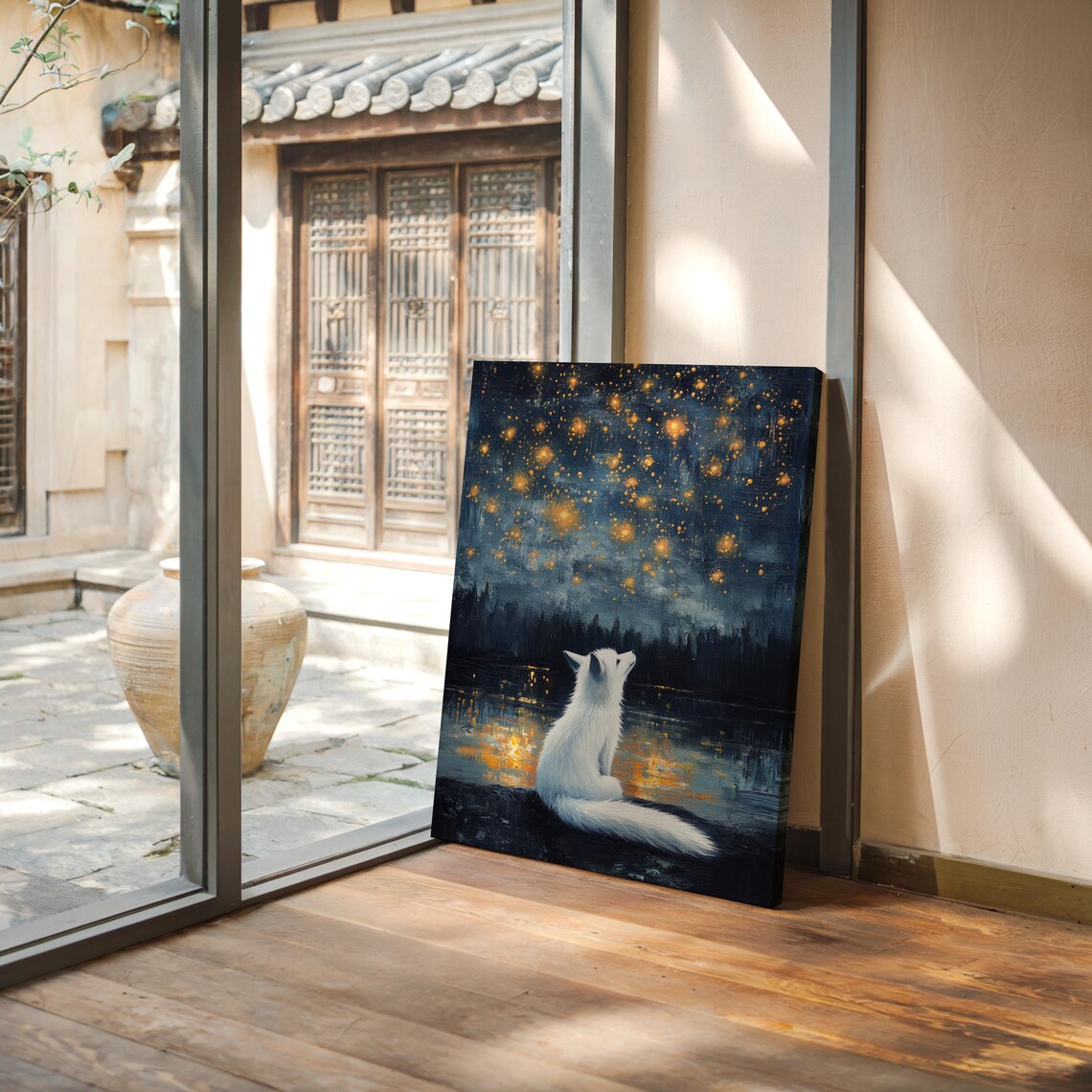 Mystical White Fox Under Golden Stars Art Print - Image 7