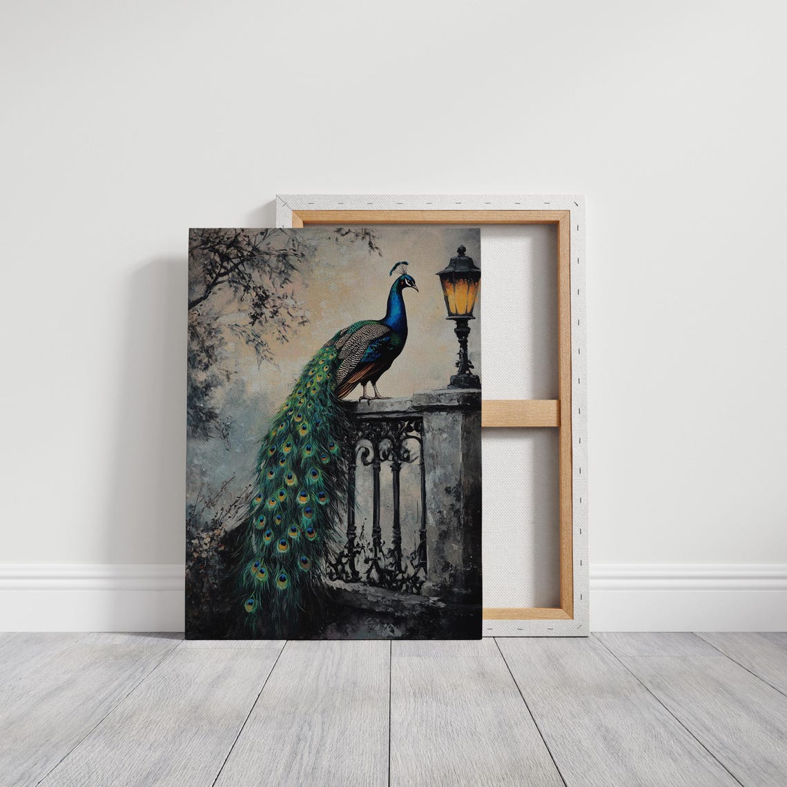 Elegant Peacock On Stone Ledge Beside Antique Lamp Art Poster - Image 3