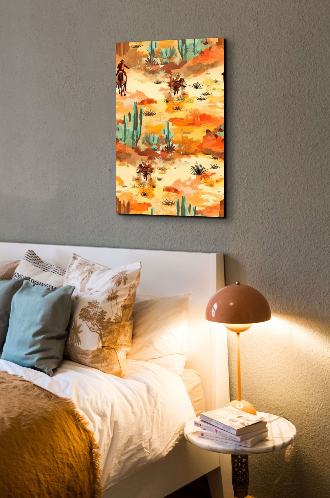 Cowboy On Horseback Desert Cactus Scene Watercolor Style Poster - Image 3