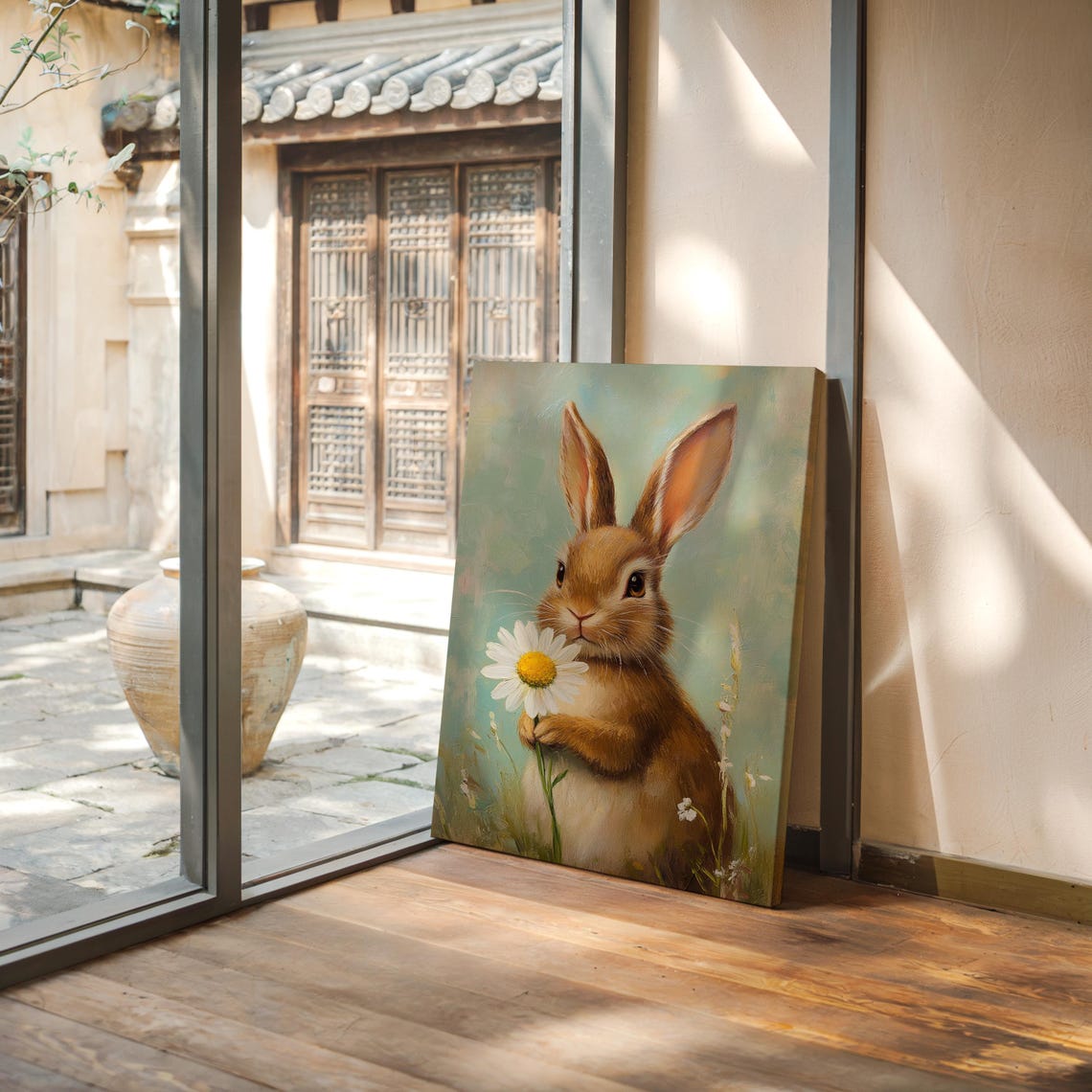 Cute Brown Bunny Holding Daisy Vintage Spring Painting Wall Art - Image 4