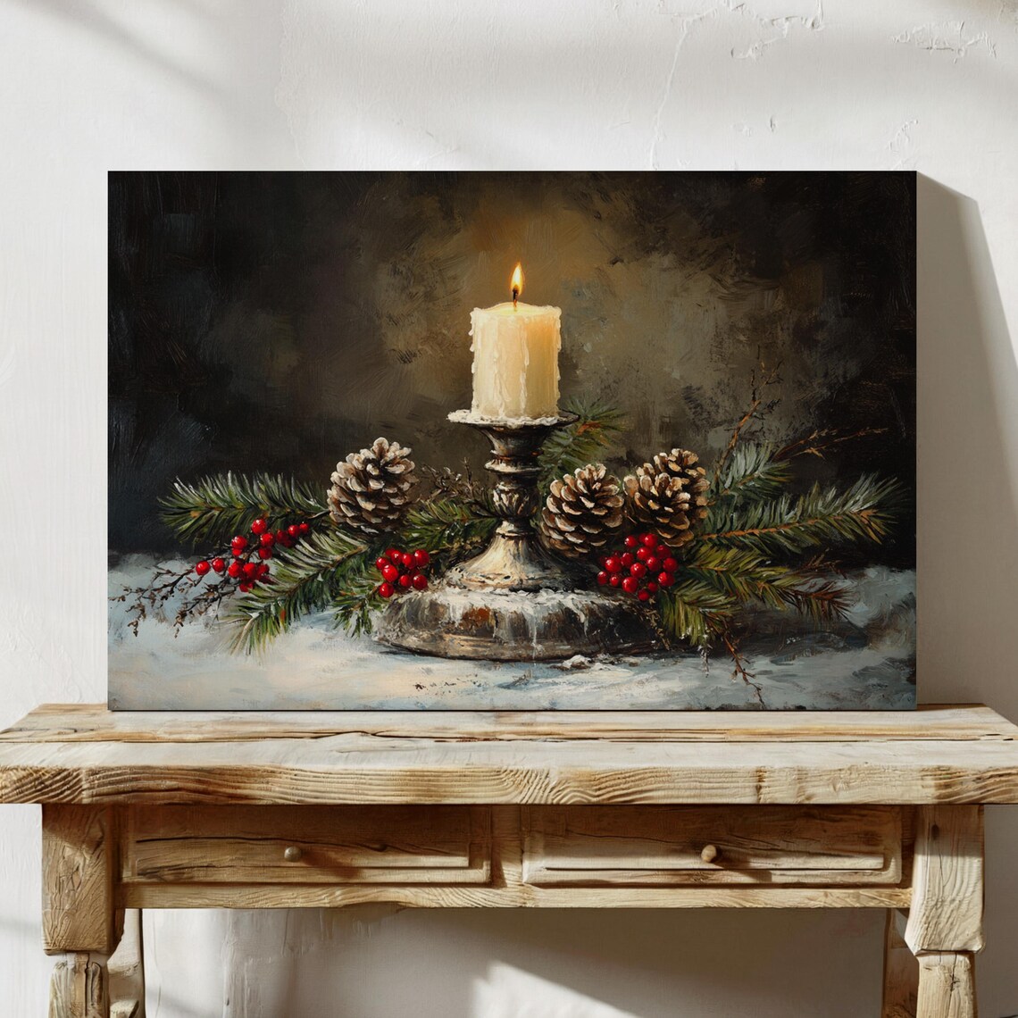 Rustic Christmas Candle Artwork, Festive Pinecones