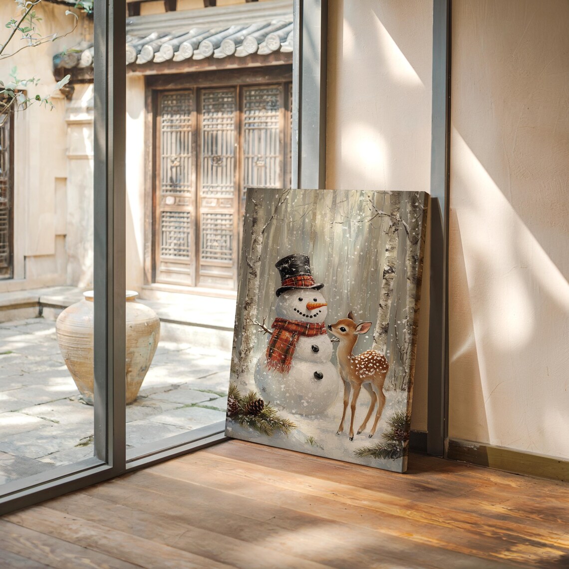 Snowman and Fawn Winter Scene Art Print, Holiday Decor - Image 4