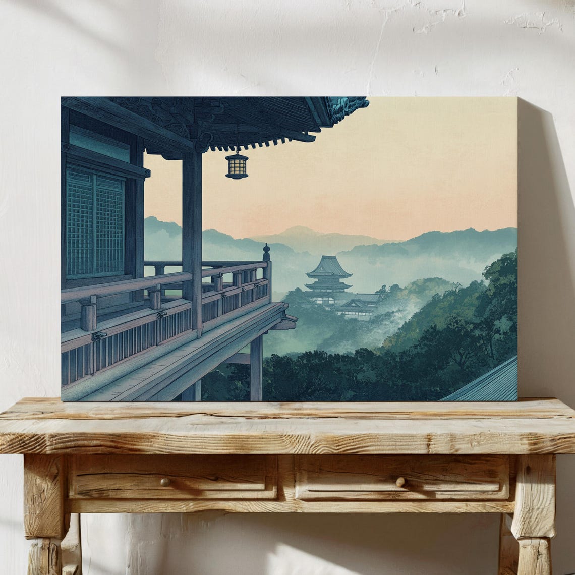 Temple Veranda Lantern View Pagoda Mist Sunset Japanese Art Poster - Image 2