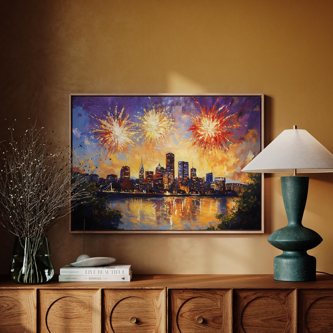 Golden Sunset Fireworks Over Riverside Skyline Oil Painting Poster