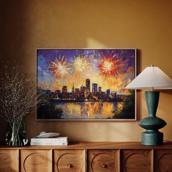 Golden Sunset Fireworks Over Riverside Skyline Oil Painting Poster