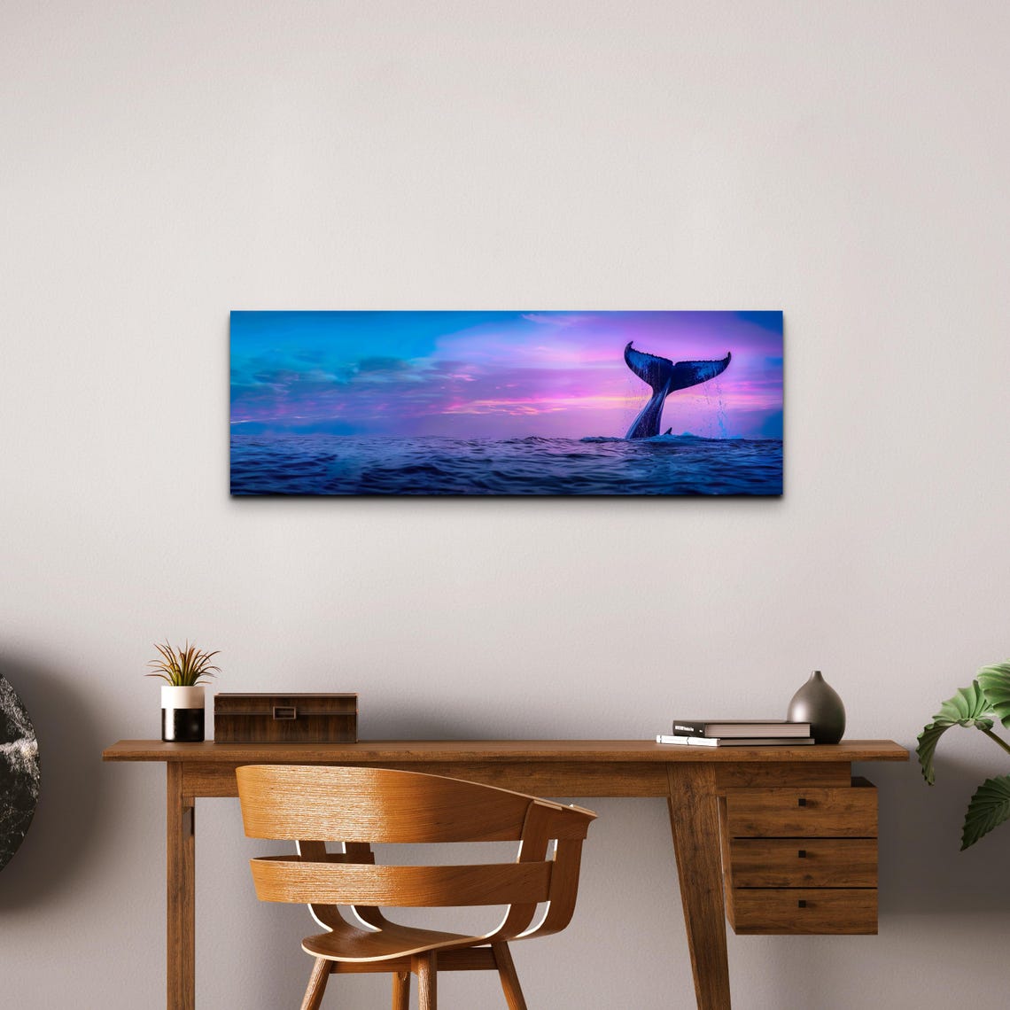 Whale Tail Silhouette Purple Sunset Ocean Panoramic View Poster - Image 3