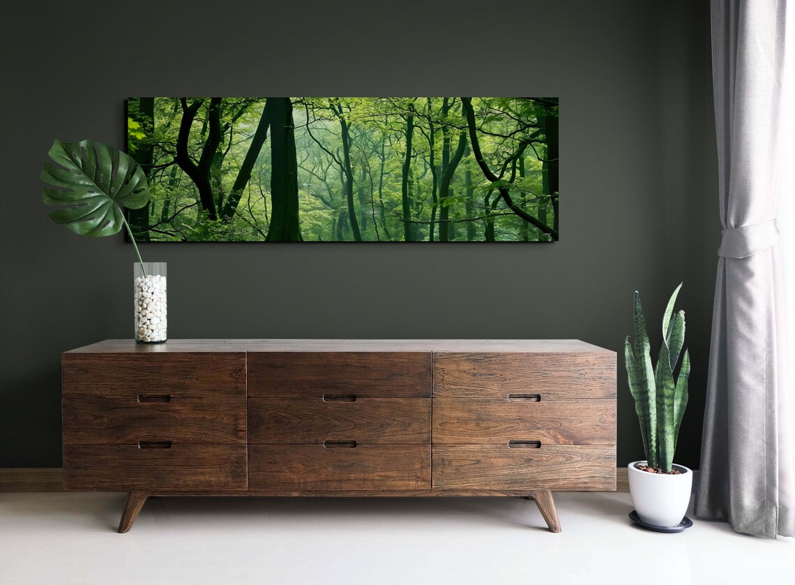 Panoramic Misty Green Forest Woodland Landscape Nature Wall Art - Image 3