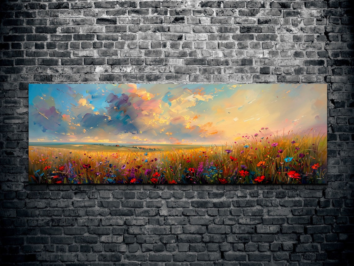 Colorful Wildflower Field Sunset Sky Impressionist Meadow Art Poster - Image 2