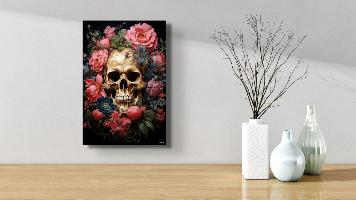 Golden Skull With Pink Flowers Day Of The Dead Gothic Art Poster - Image 6