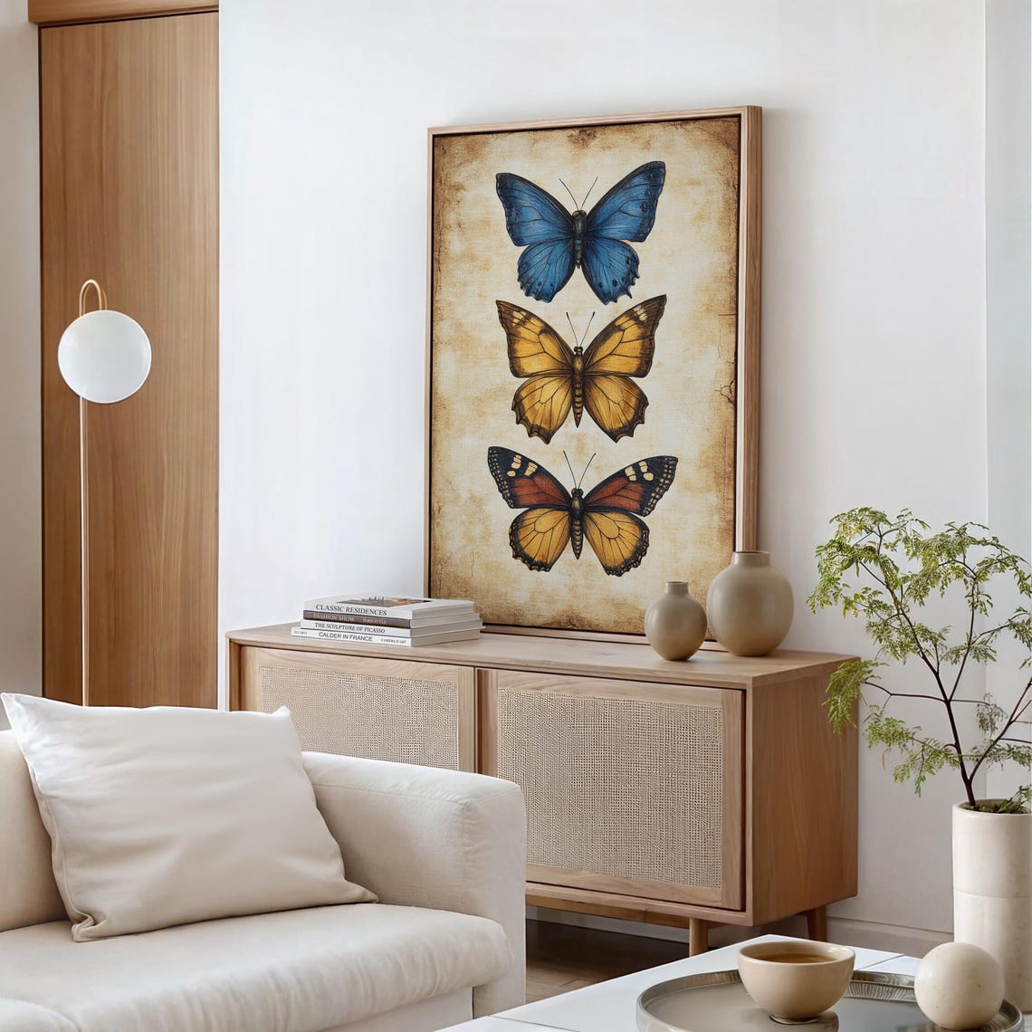 Antique Butterfly Trio Blue Golden Rustic Entomology Wall Art - Image 4
