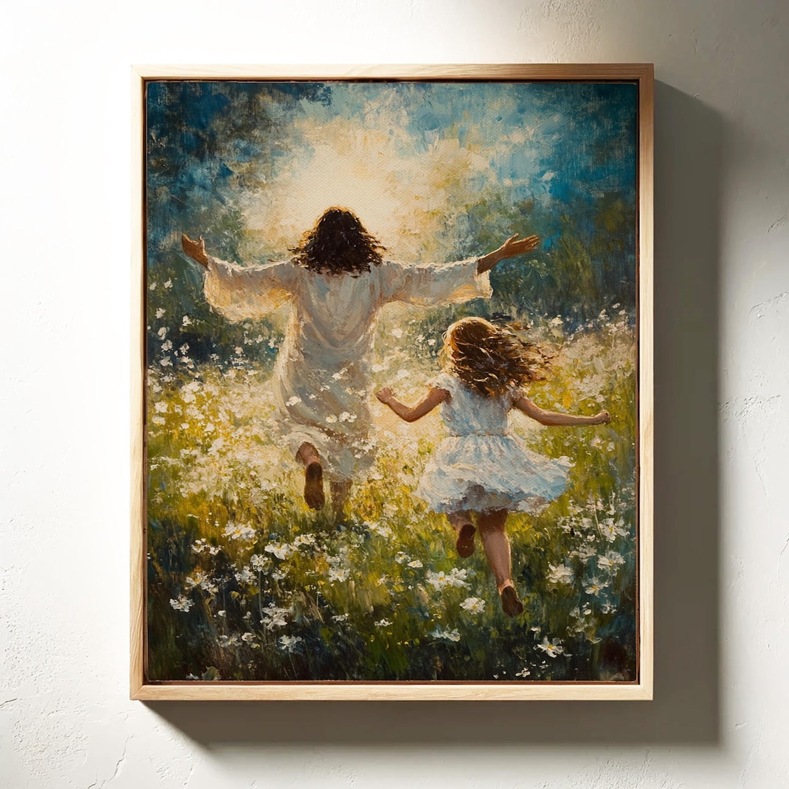 Jesus And Child Running in a Meadow, Christian Art Print