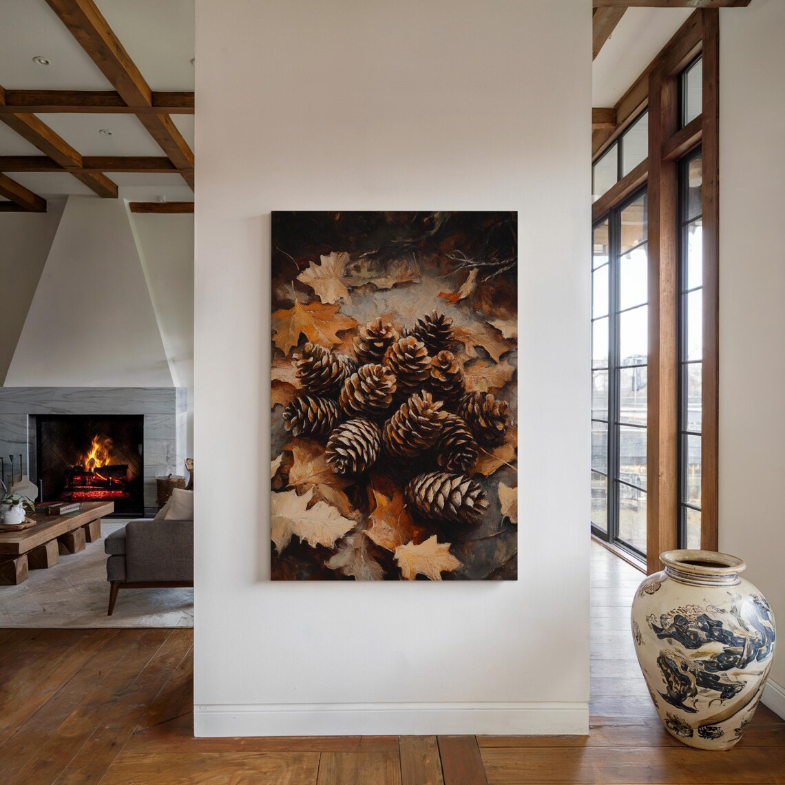 Pinecones with Autumn Oak Leaves Dark Rustic Fall Harvest Painting Poster - Image 6