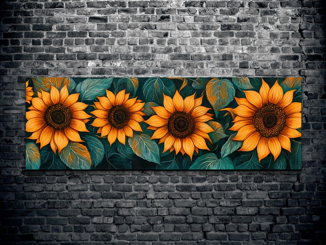 Bold Sunflowers On Teal Leaves Painterly Floral Panorama Poster - Image 2