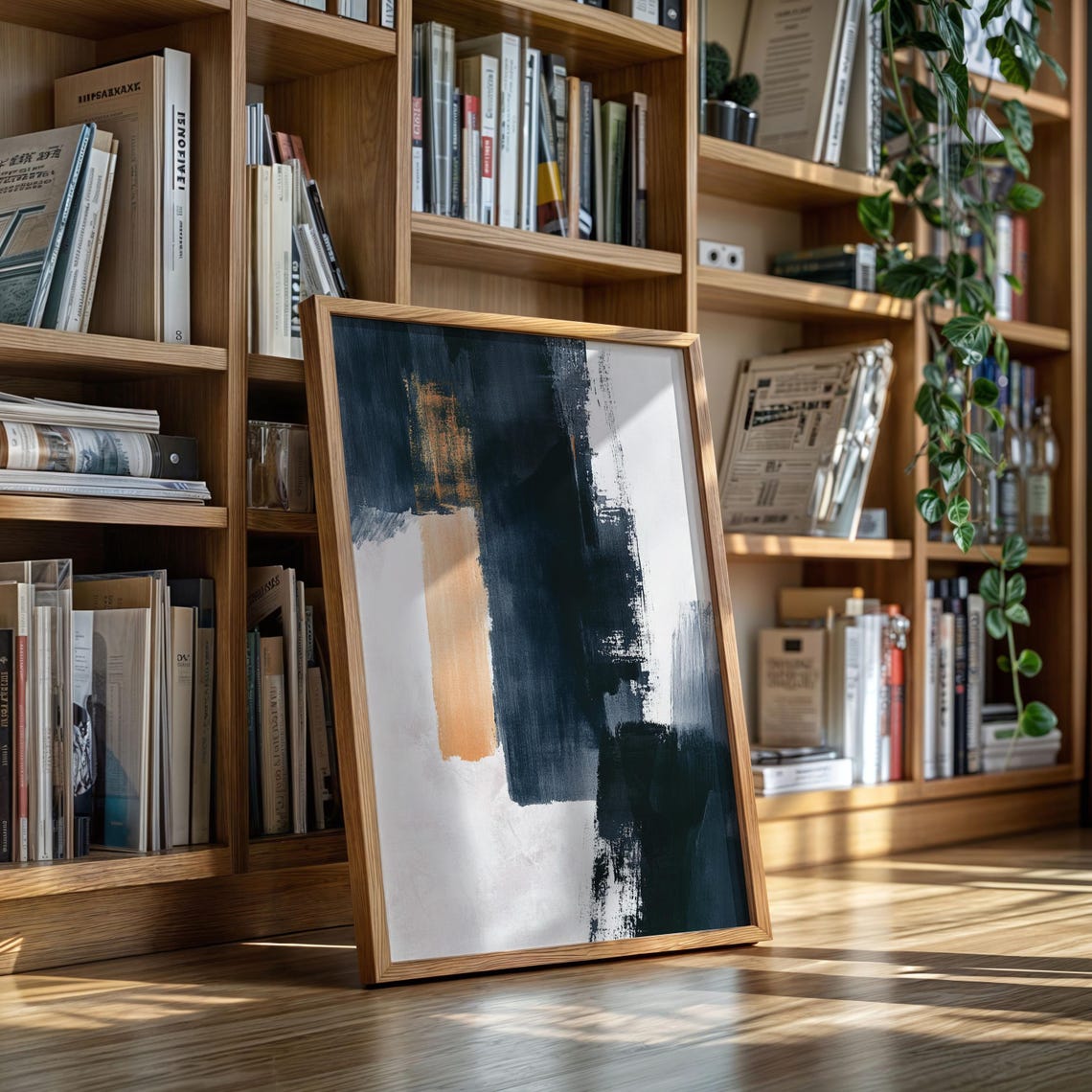 Black and Tan Abstract Brushstroke Minimalist Modern Art Poster