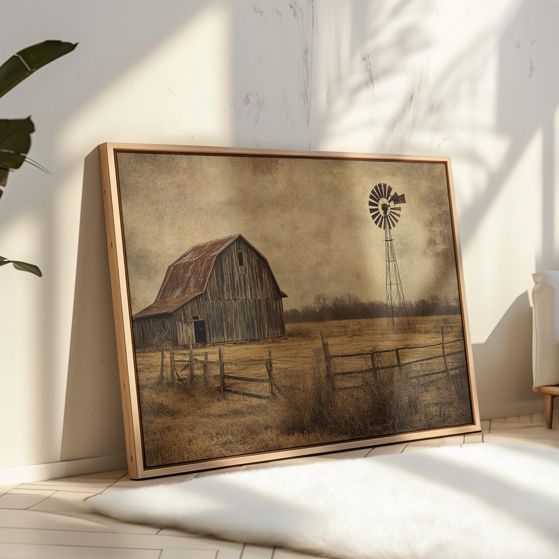 Rustic Barn With Windmill Vintage Farmhouse Art Print