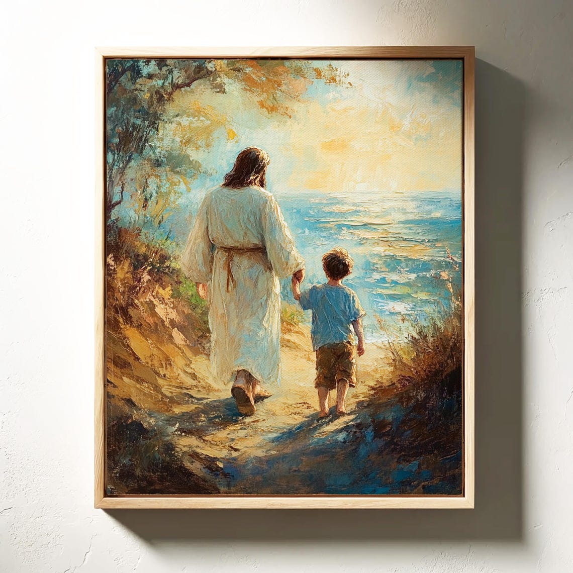 Jesus Holding a Boy's Hand Walking Toward the Sea at Sunset Poster - Image 3