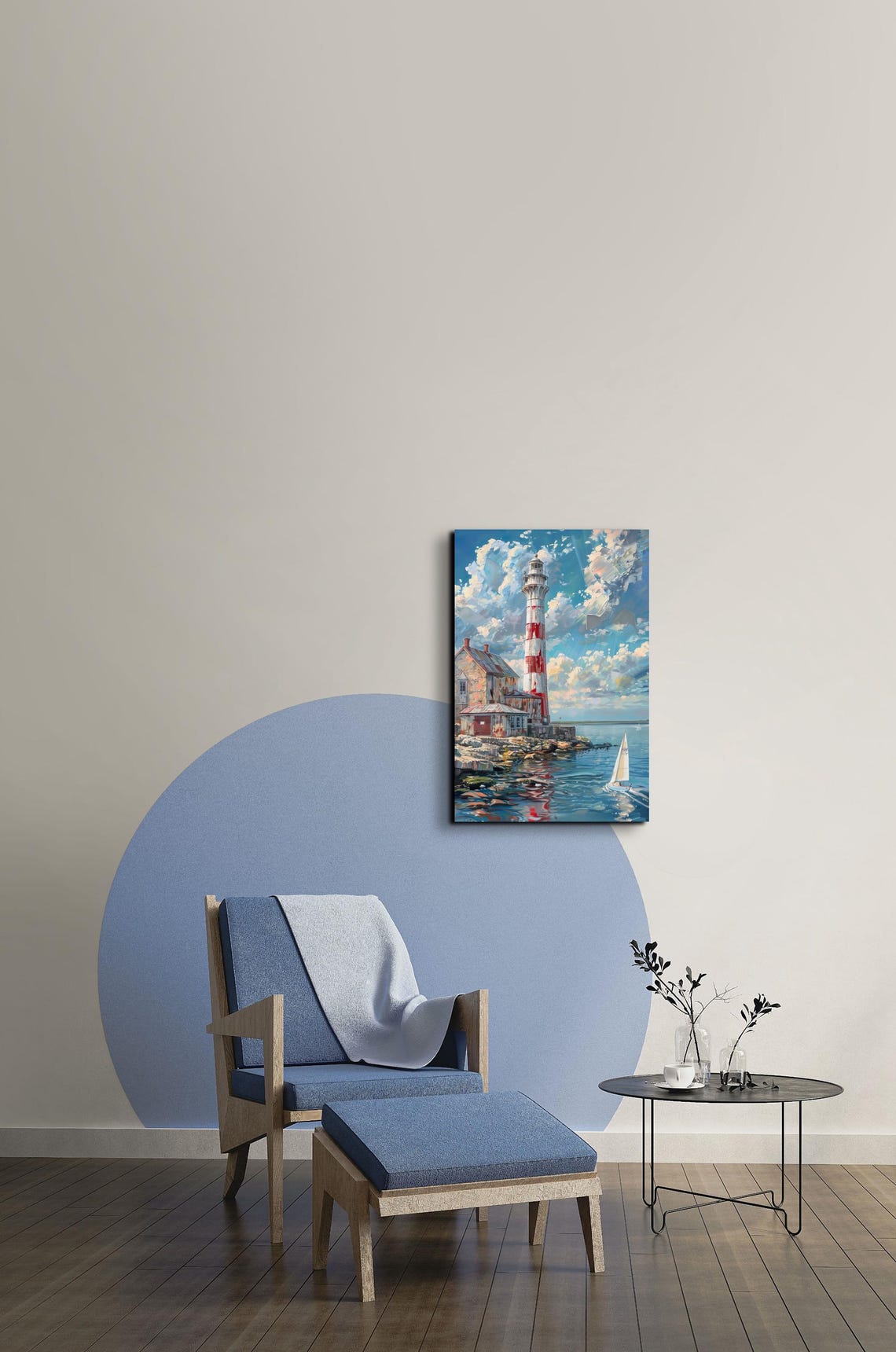 Red and White Lighthouse With Sailboat Coastal Seascape Poster - Image 4
