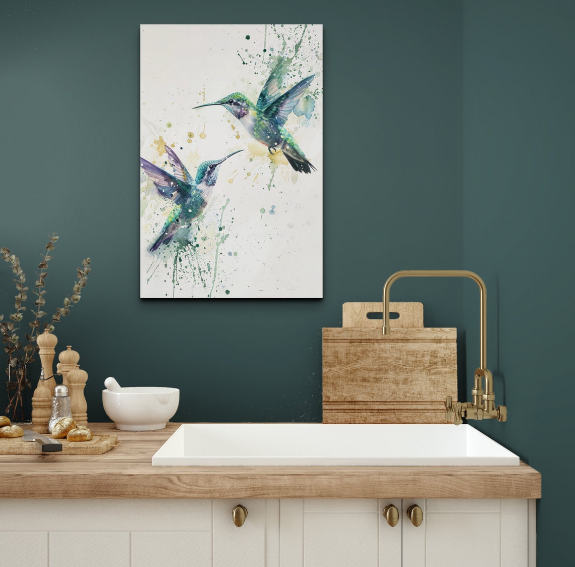 Two Turquoise Hummingbirds Dancing Midair Watercolor Splatter Poster - Image 6