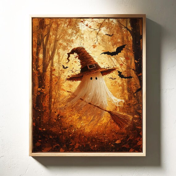 Cute Ghost In Witch Hat With Broom Flying Through Golden Autumn Forest Poster