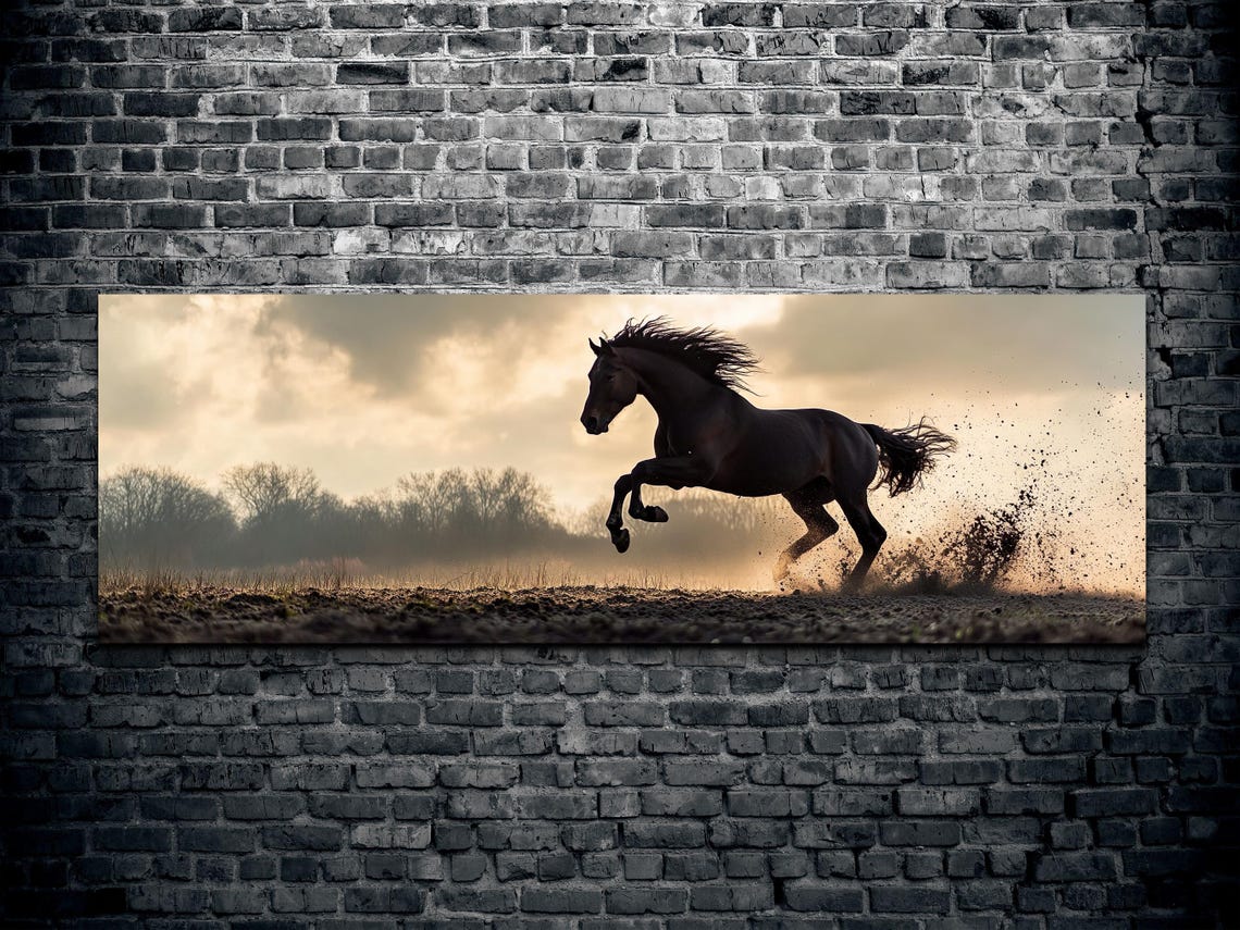 Black Stallion Rearing At Sunset Dusty Field Horse Power Poster - Image 2