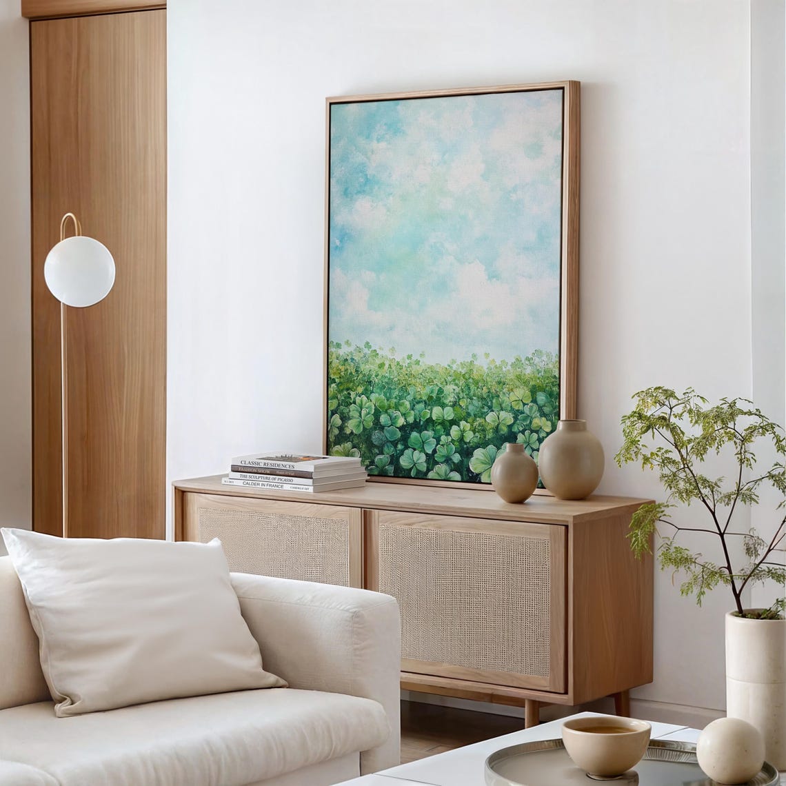 Lush Painted Meadow of Green Clover Under Soft Blue Sky Wall Art - Image 5