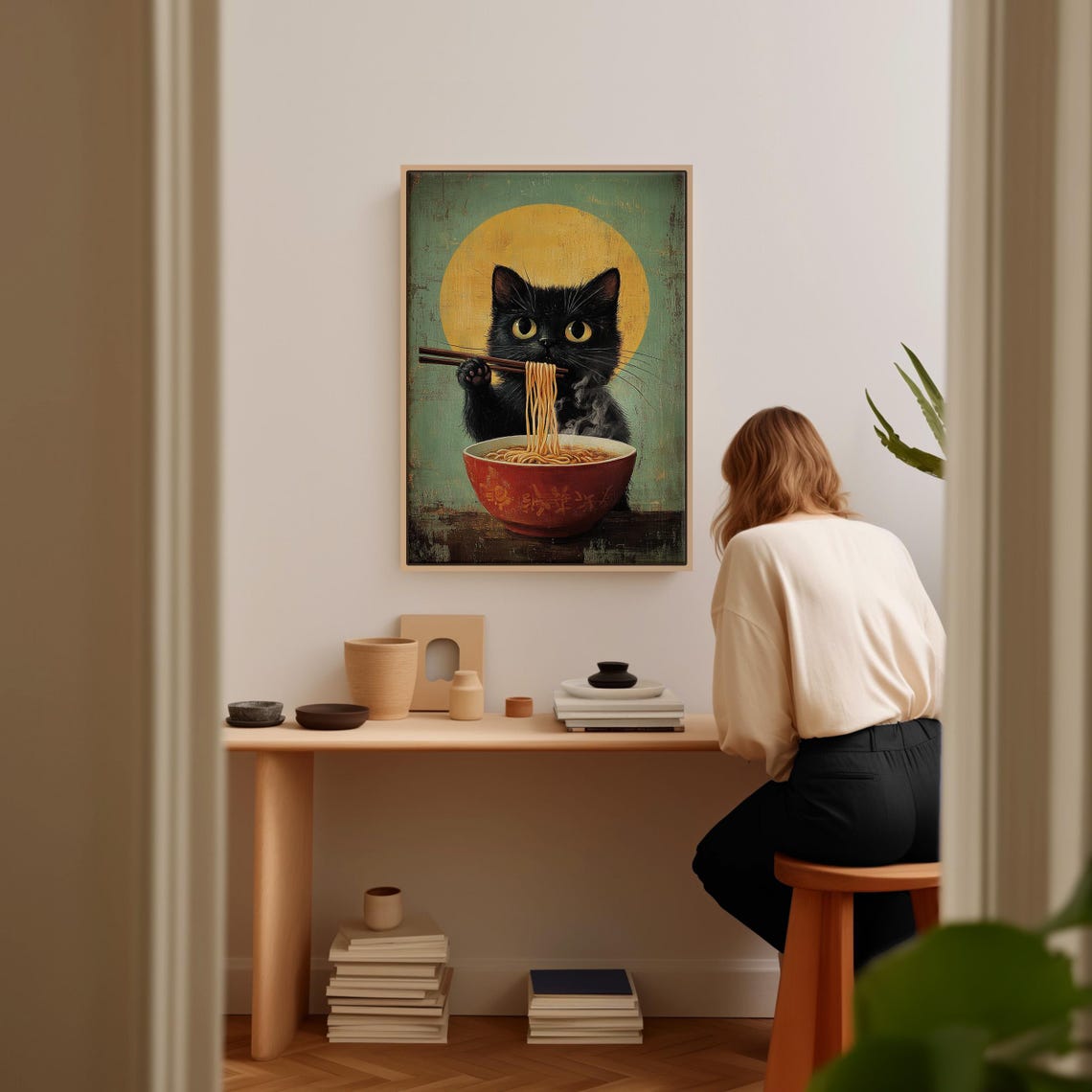 Black Cat Eating Ramen With Chopsticks Funny Kitchen Art Poster - Image 4