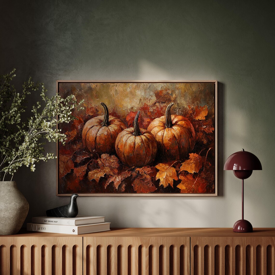 Three Pumpkins Among Autumn Leaves Moody Fall Harvest Still Life Poster - Image 5
