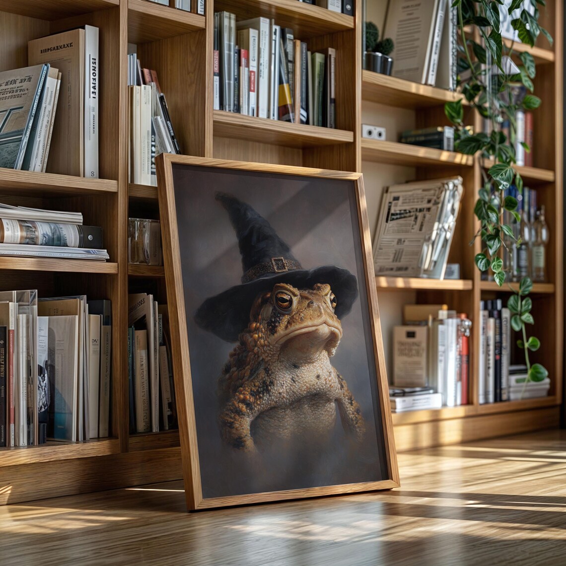 Toad Wearing Witch Hat Moody Portrait Dark Halloween Oddity Curio Wall Art