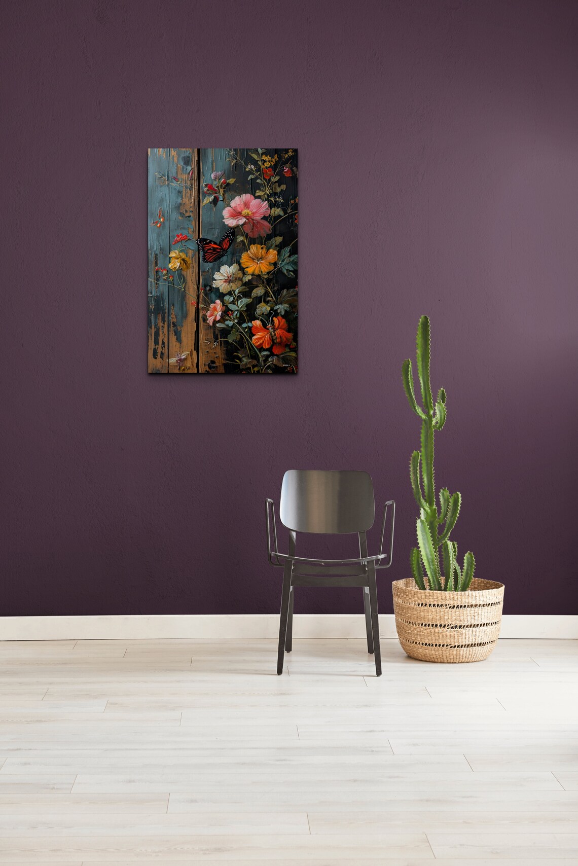 Moody Floral Butterfly Weathered Blue Wood Botanical Wall Art - Image 5