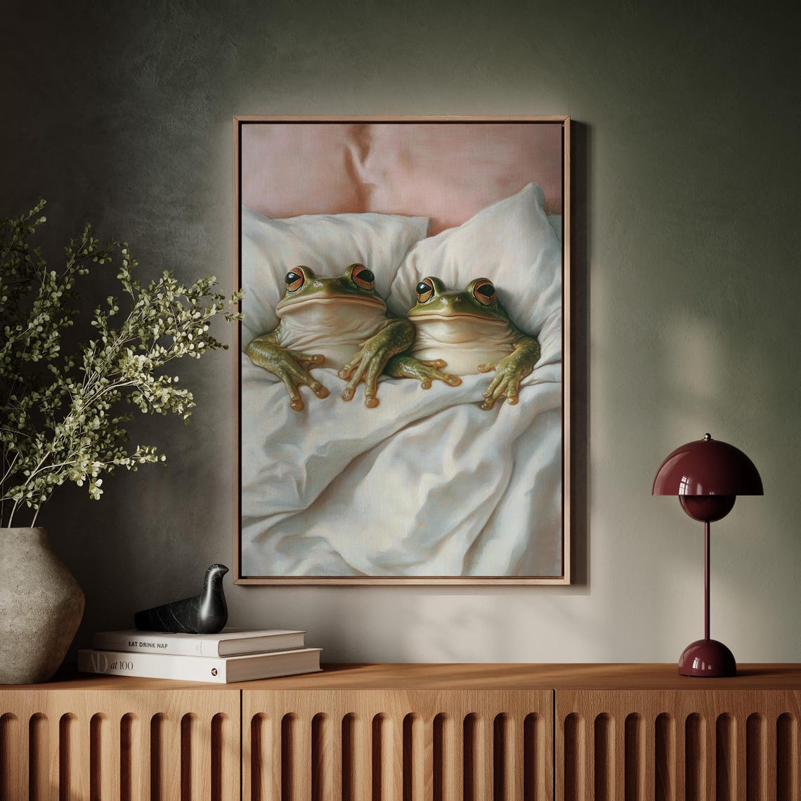 Cozy Frog Pair Snuggled In White Bed Quirky Cute Animal Poster