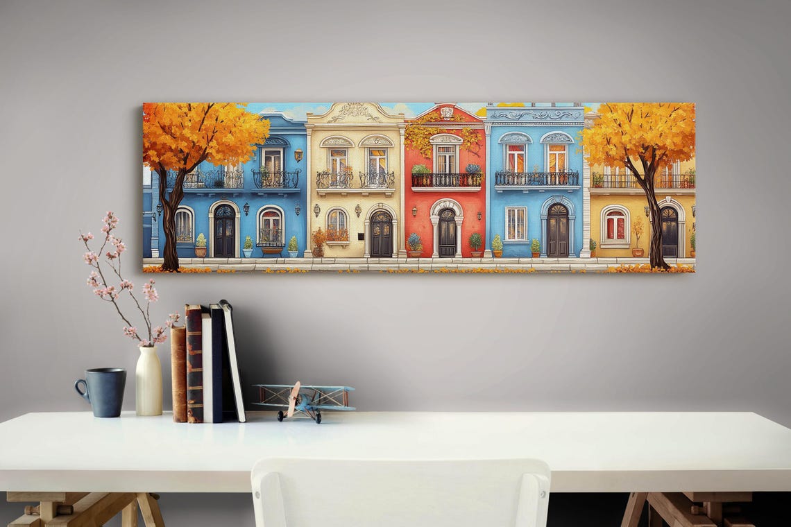 Colorful Row Houses Autumn Street Scene Charming Town Decor Poster - Image 4
