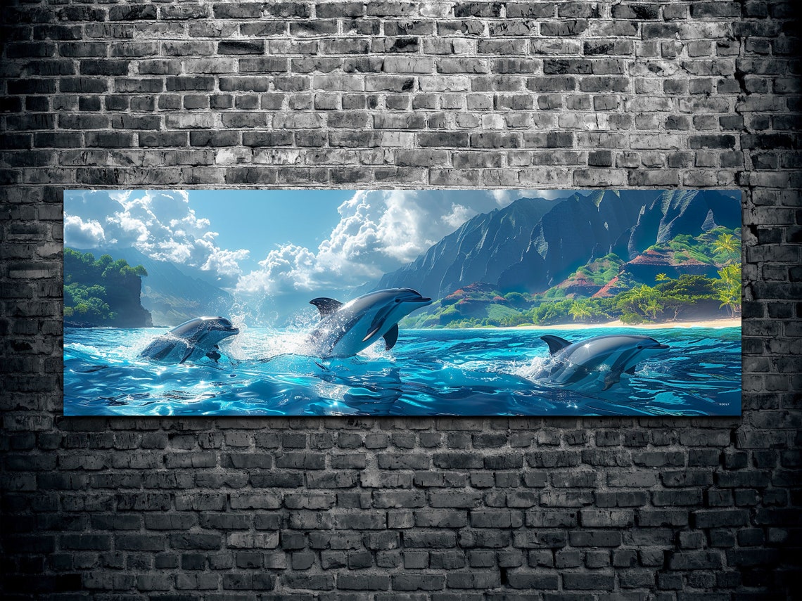 Dolphins Leaping in Turquoise Water Beside a Mountain Coast Poster - Image 2