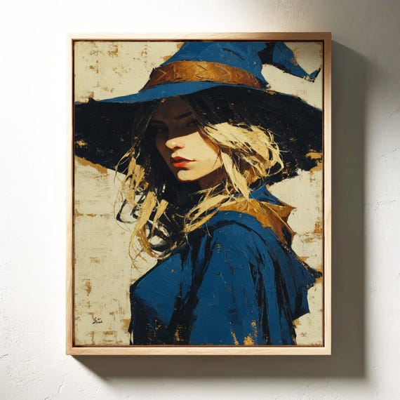 Cowgirl In Blue Hat Rustic Western Oil Painting