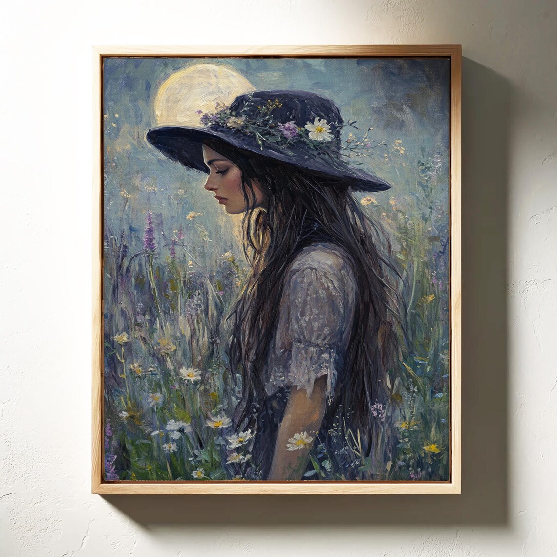 Dreamy Woman in a Flower Covered Hat Beneath a Golden Moon Poster - Image 6