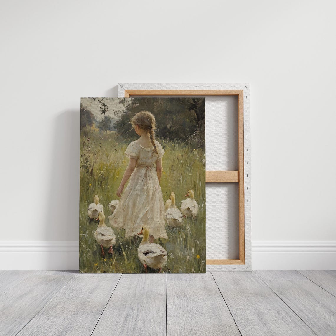 Young Girl With White Ducks Sunlit Meadow Pastoral Vintage Poster - Image 3
