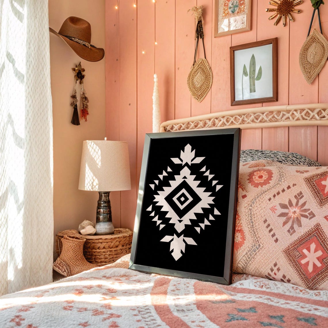 Black and White Southwestern Geometric Diamond Boho Art Print
