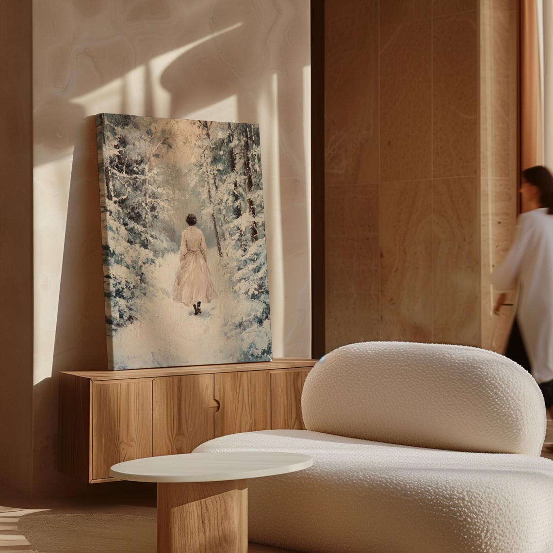 Woman Walking Into Snowy Pine Forest Path Serene Winter Scene Poster - Image 7