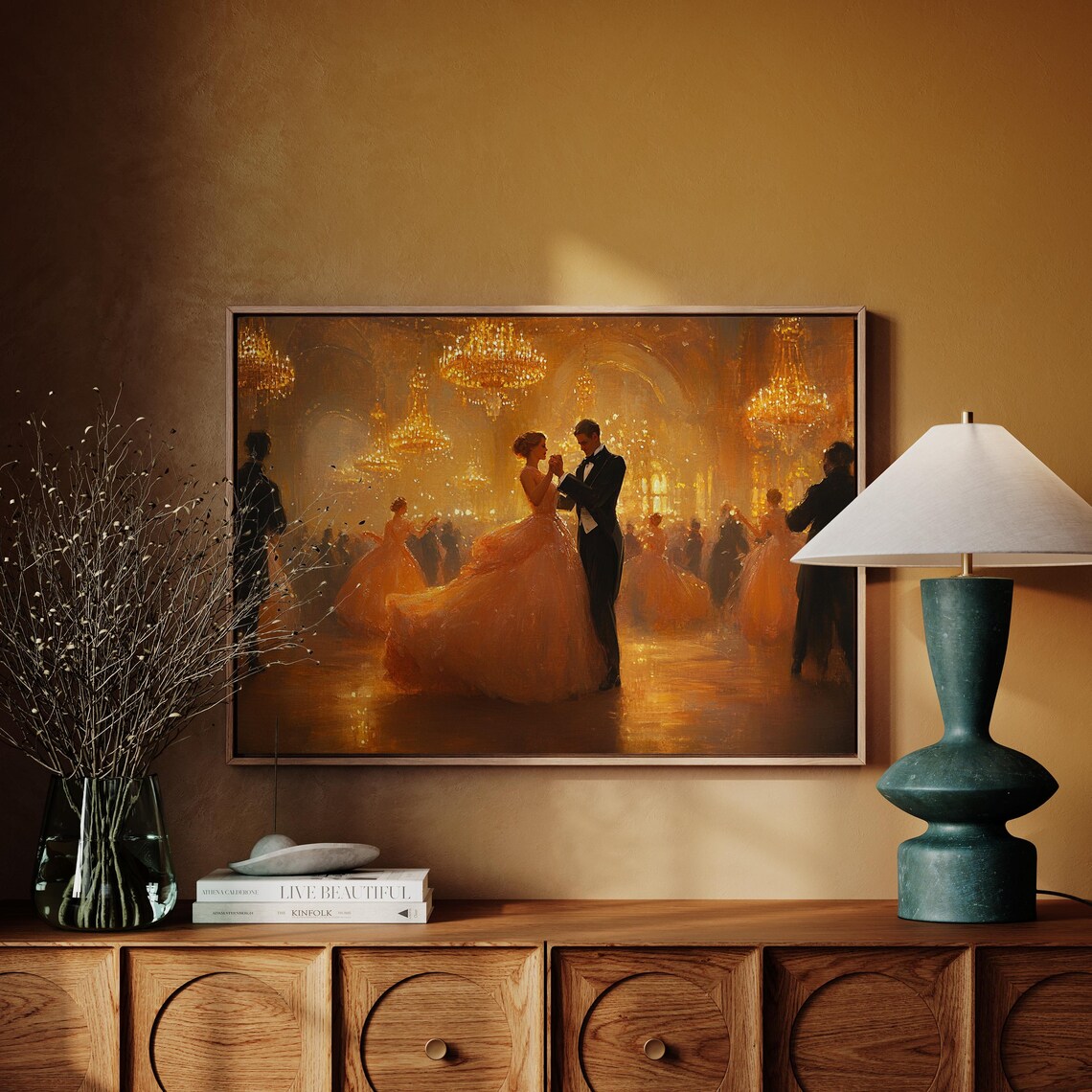 Grand Ballroom Waltz Golden Chandelier Vintage Dance Painting Poster