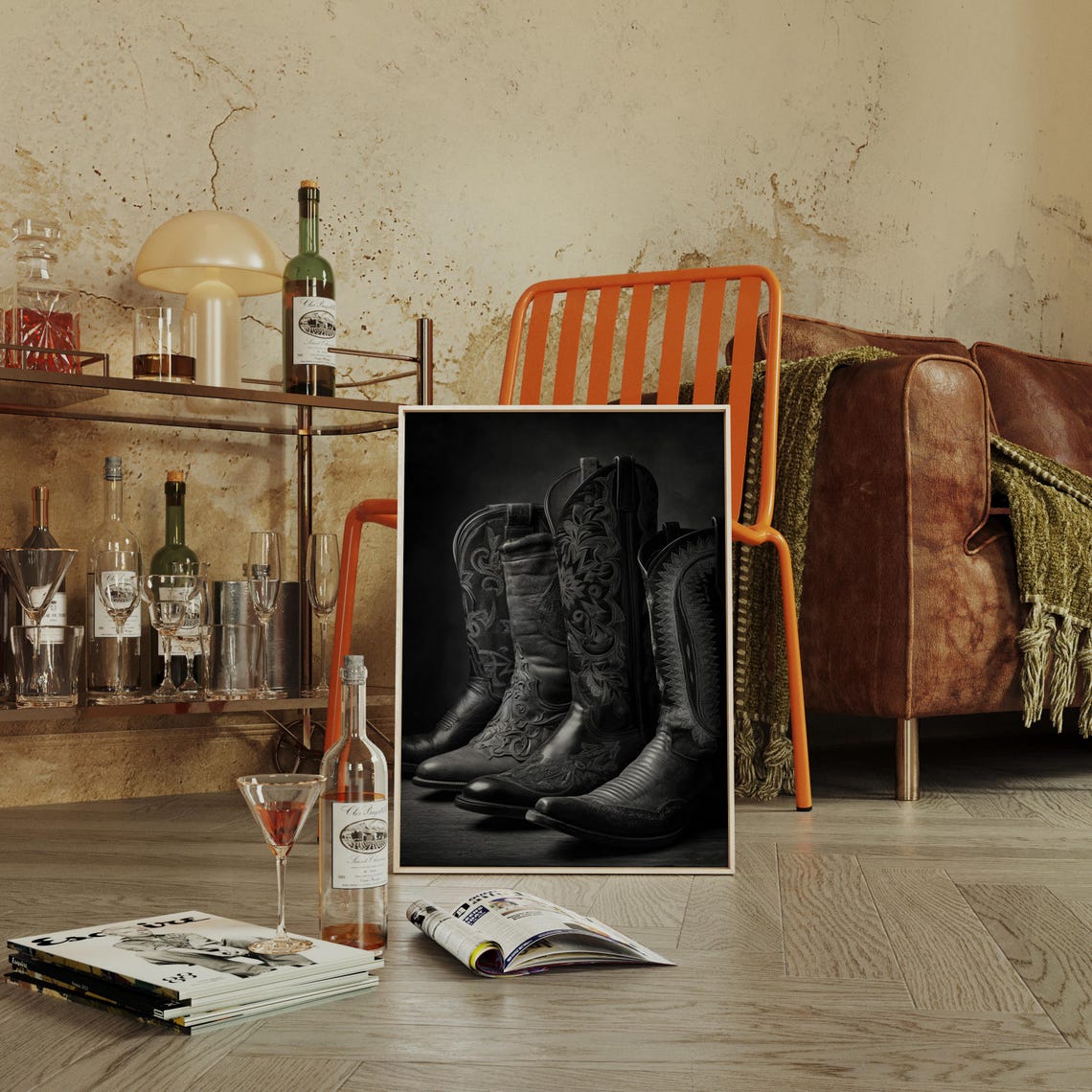 Black Cowboy Boots Poster Dark Western Embroidered Leather Still Life