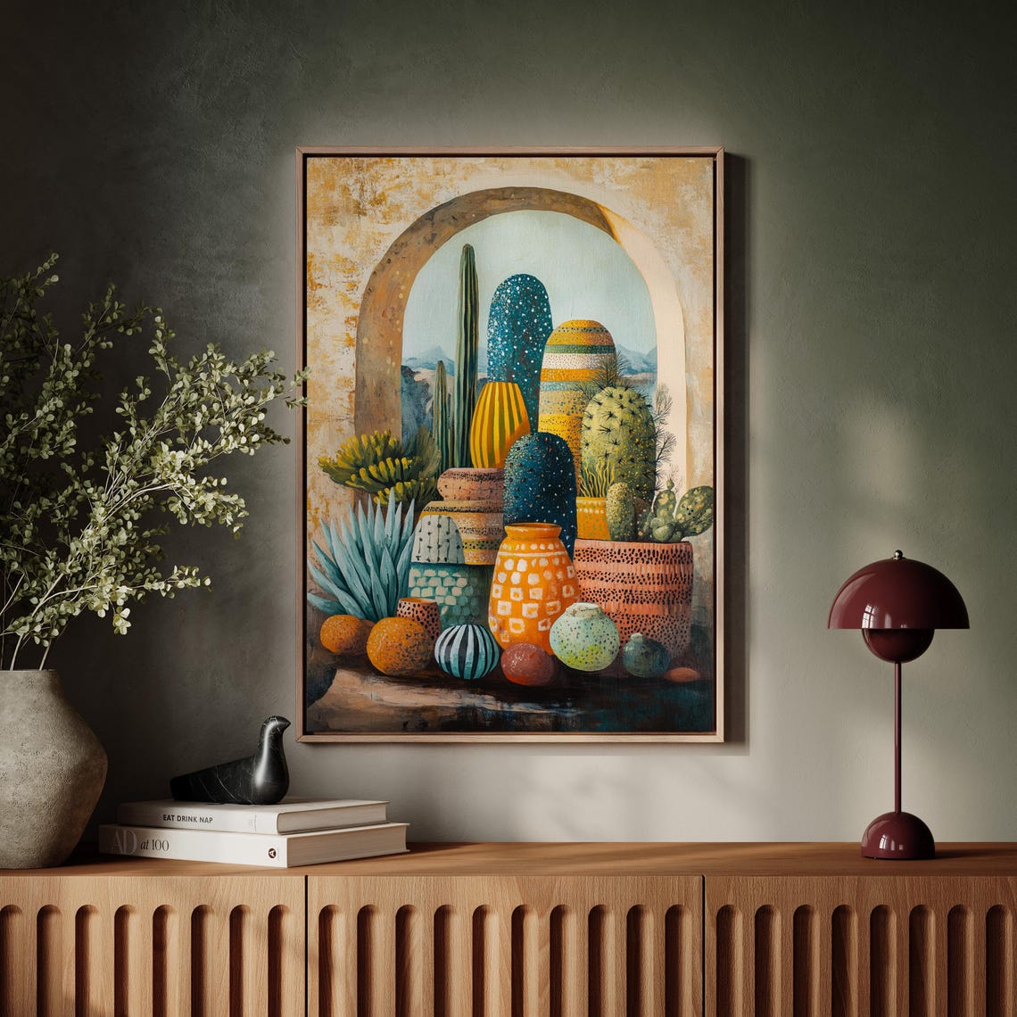 Colorful Patterned Cacti And Pots In Golden Stone Archway Poster - Image 5