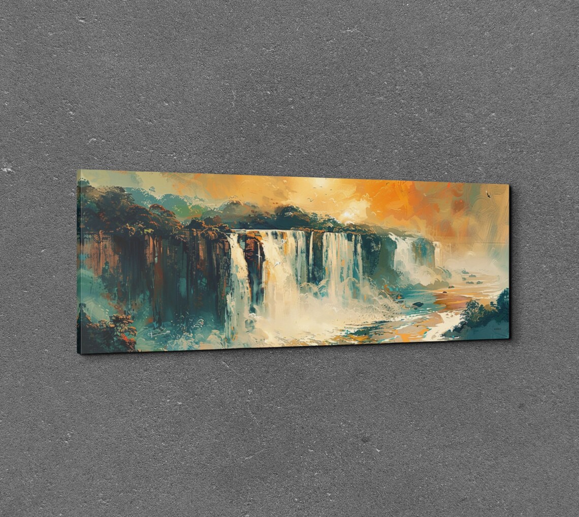 Waterfall Painting with Golden Orange Sunset Sky Panorama Wall Art - Image 3